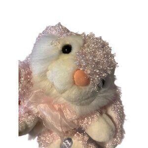 Easter Bunny Soft Plush Pink Curly Bunny With Ribbon Bow Embroidered Paw Accents